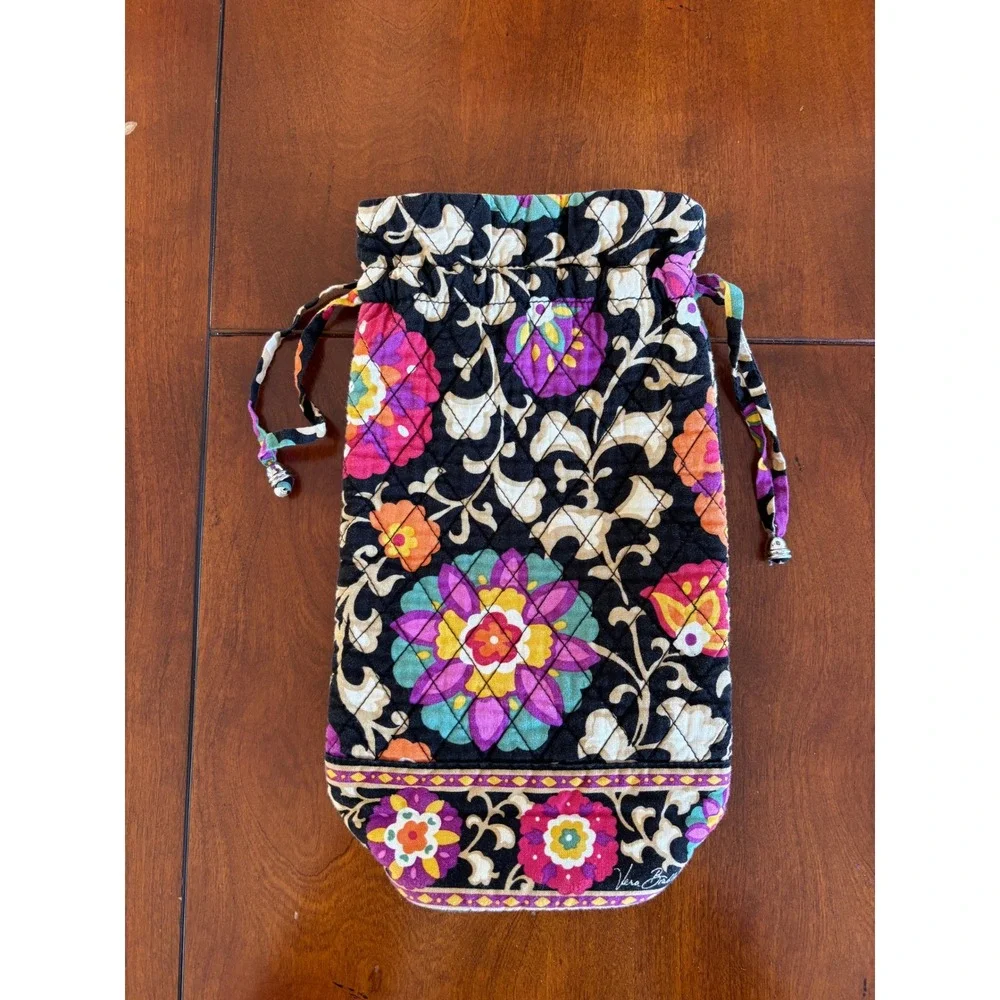 Vera Bradley Quilted Floral Drawstring Wine/Gift Bag Black Pink Orange Purple